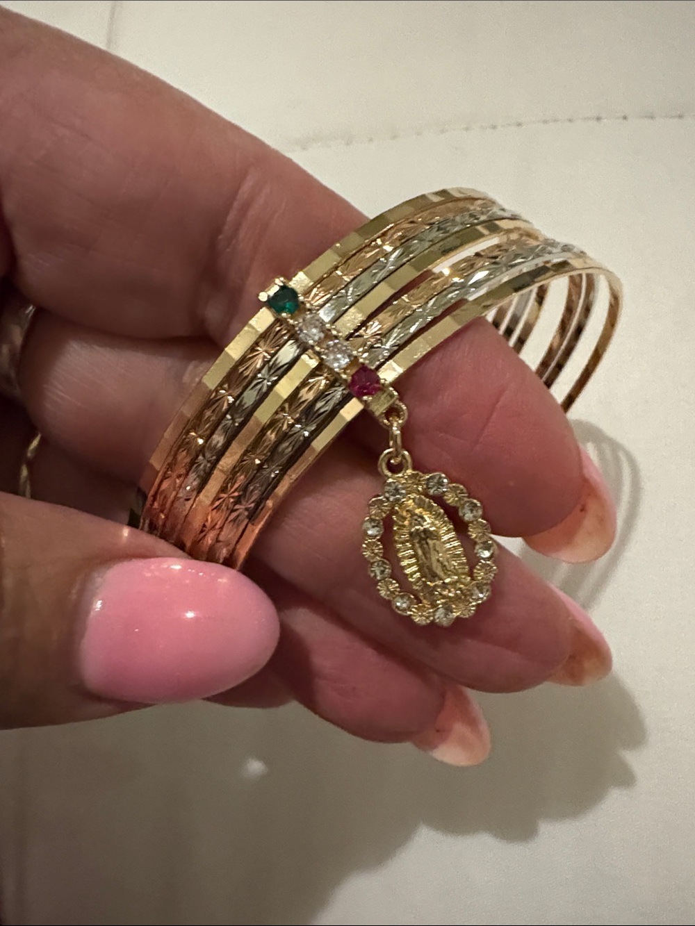 Tri-Tone Gold Charm Religious Bangle Bracelet with Gem Accents